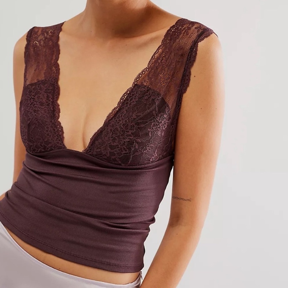 NWT Free People Power Play Lace Cami Top Brown Large